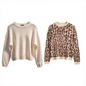 Bundle of 2 Women’s Crew Neck Sweaters -Leopard & White Size S/M